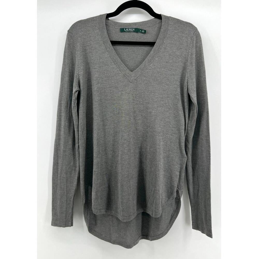 Lauren Ralph Lauren | Silk Blend V-Neck Sweater Gray High Low Women's S